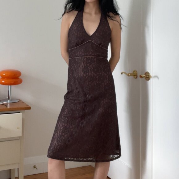 Vintage Brown Lace Halter Top Midi  Dress - Picture 8 of 9